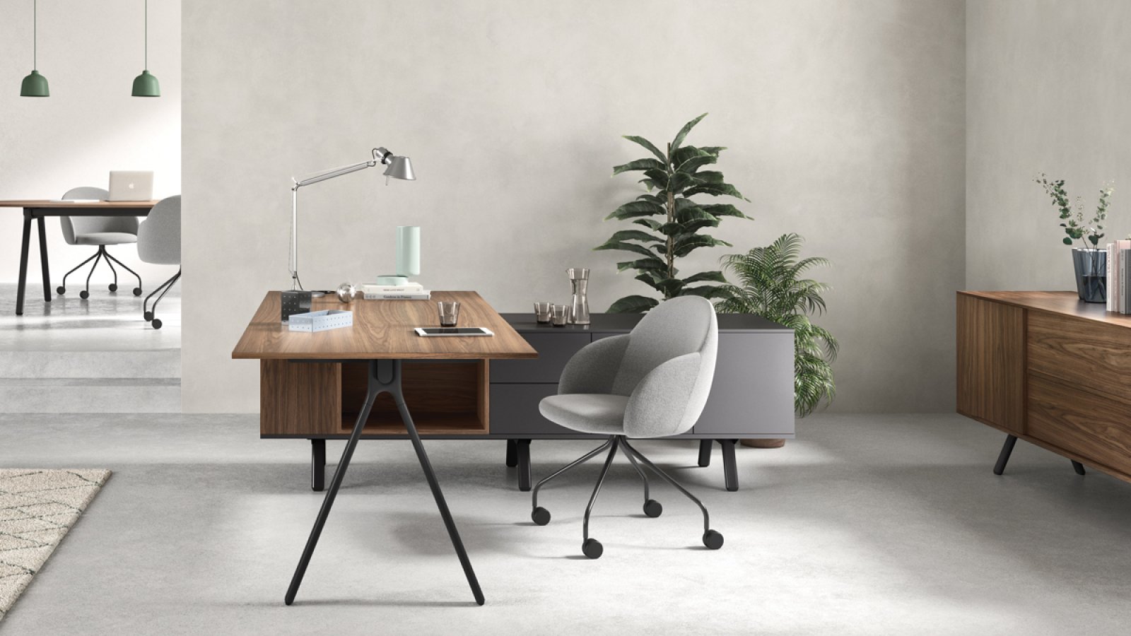 Designer-Schreibtische Lay von Archiutti mit hellgrauen Platten und roter Struktur