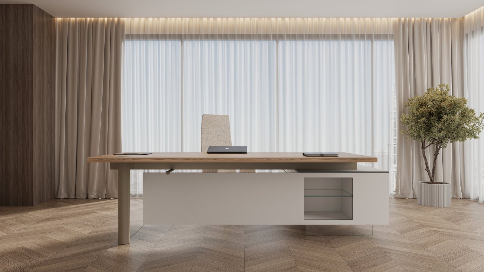 Moderner Chefschreibtisch Cloud von Codutti mit Glasplatte, geliefert in die Schweiz