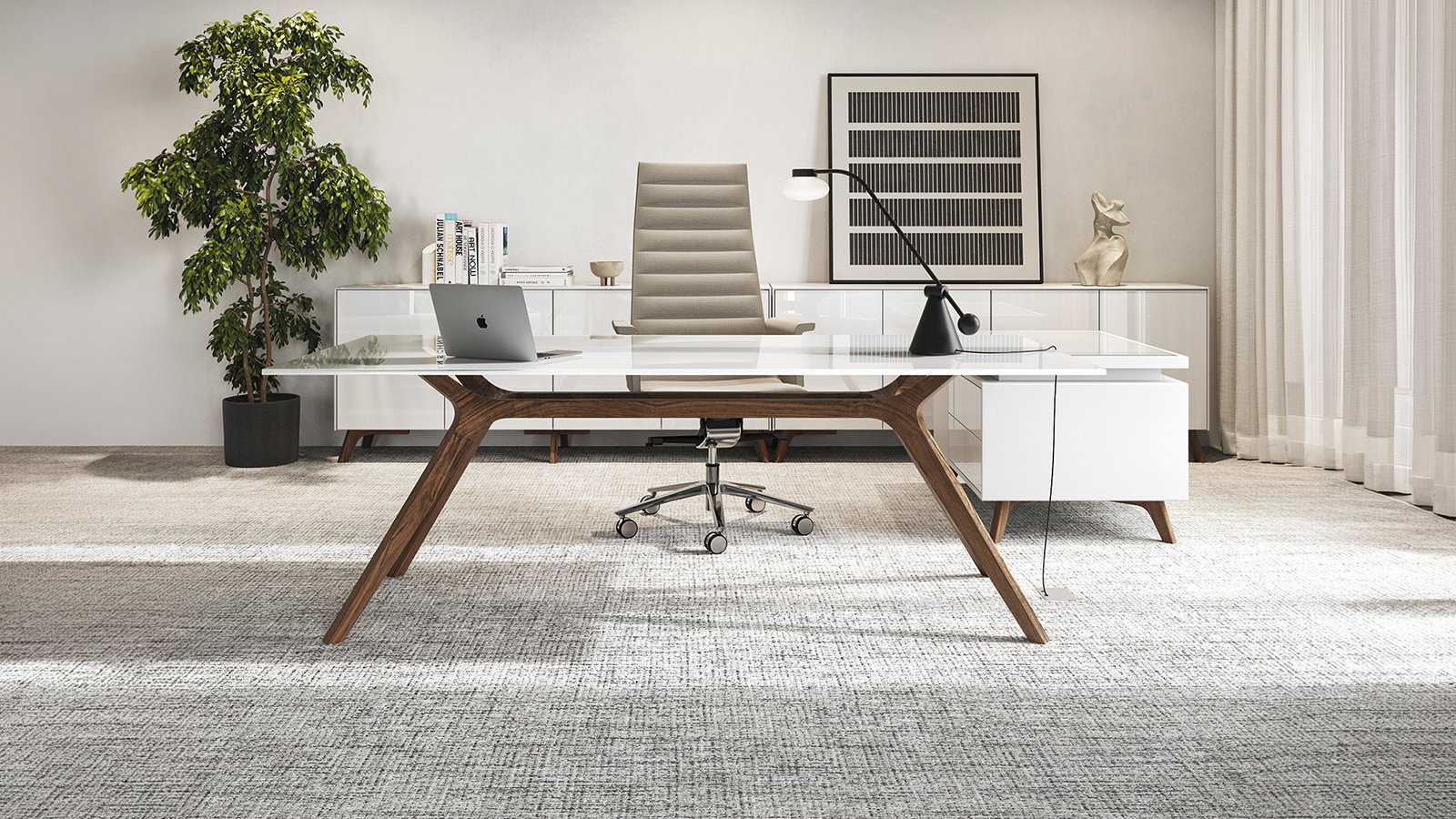 Designer-Schreibtisch DR von Frezza mit Gestell aus dunklem Nussbaum