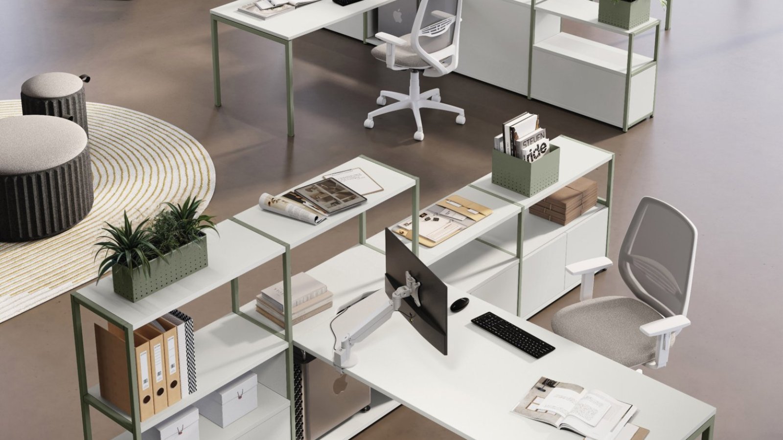 Arbeitsplatzsystem Sigma von Las Mobili mit Bench-Workstations auf Quadratrohrbeinen