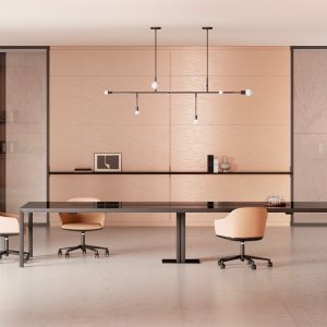 Bench für sechs aus dem System Fattore Alpha mit Melamintrennwand