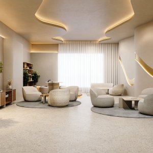 Runder Ginza Tisch mit drei Sesseln in einer Sitzecke