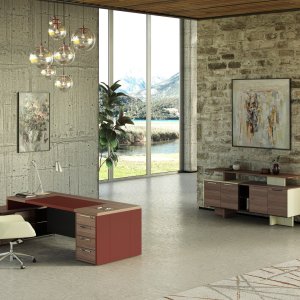 Repräsentationsschreibtische One von Codutti in Nussbaum mit Glasplatte und Lederwangen