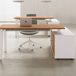 Büroschreibtisch E-Place von DVO Office auf weissem Kufengestell