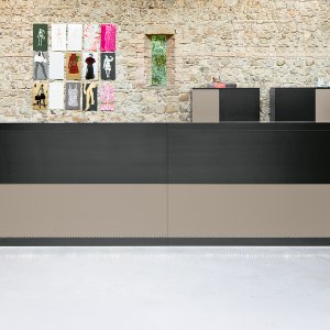 Empfangstheke Vogue von Frezza mit lackierter Abdeckplatte und Melaminpaneelen