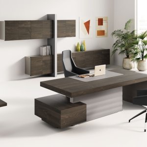 Las Mobili Jera Chefschreibtisch 2'100 mm Finish Noce Bali — Direktionsbüro Zürich, Eco-Pelle Ardesia Seitenteile