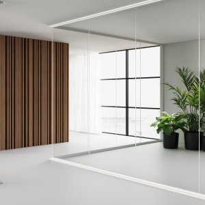Individuell bedrucktes Glas an einer Mood-Bürotrennwand