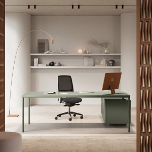 Comby-Stauraum auf Schreibtischhöhe an einer Sigma-Workstation