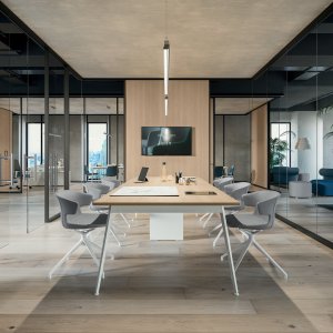 Übergangsmodul Holz und Glas in der Quadrifoglio Trennwand