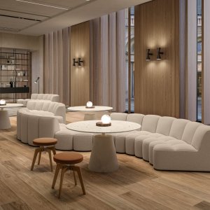 Sitzinsel aus Array Modulen in einer Halle